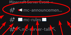 a bunch of red arrows pointing at the mc-announcements discord channel